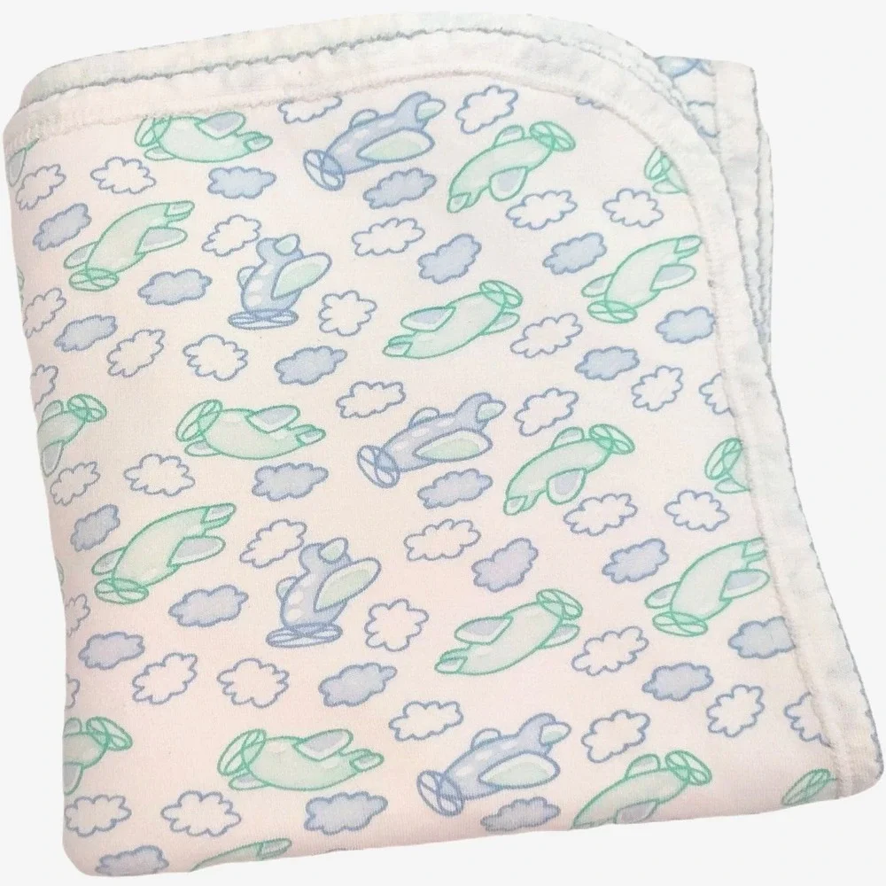 FLAW Oneita Layette Airplane Cloud Cotton Baby Blanket 2ply Green Blue White Vtg